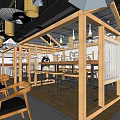Modern Restaurant Interior With Wooden Tables Chairs And Pendant Lights Design