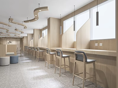 Modern Book Art Reading Space With Wooden Counter Bar Stools And Windows 3d model