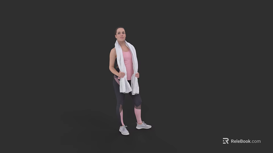 Woman In Pink Tank Top And Black Leggings With White Towel After Fitness 3d model 