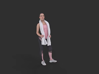Woman In Pink Tank Top And Black Leggings With White Towel After Fitness 3d model