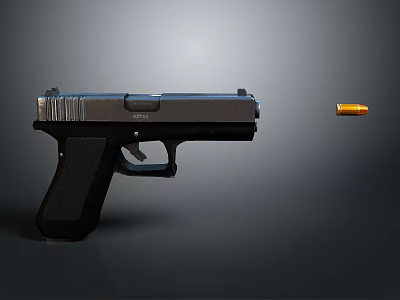 Modern Black Tactical Pistol With Single Bullet On Dark Background 3d model
