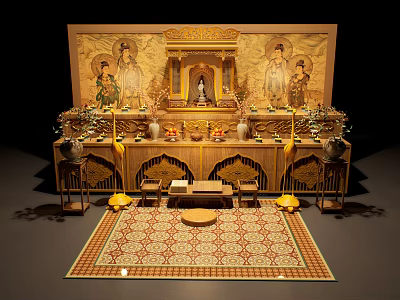 Ancient Architectural Shrine Interior Featuring Wooden Carvings Buddha Statue Altar Table And Traditional Carpet 3d model