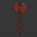 Traditional Decorative Double Bladed Axe With Red Blue Handle And Intricate Ornamental Design