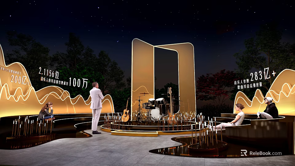 Night Outdoor Event Scene With Golden Curved Stage Musical Instruments And Seating Area 3d model 