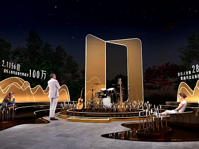 Night Outdoor Event Scene With Golden Curved Stage Musical Instruments And Seating Area 3d model