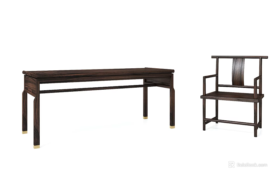 Dark Brown Solid Wood Tea Table And Chair Set With Golden Leg Caps 3d model
