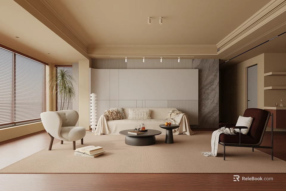 Light Beige Living Room Interior With Sofa Chairs Coffee Table Ceiling Lights And Potted Plant 3d model 