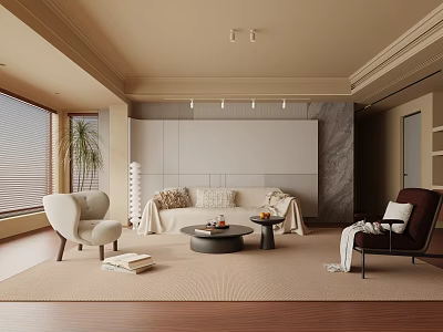 Light Beige Living Room Interior With Sofa Chairs Coffee Table Ceiling Lights And Potted Plant 3d model