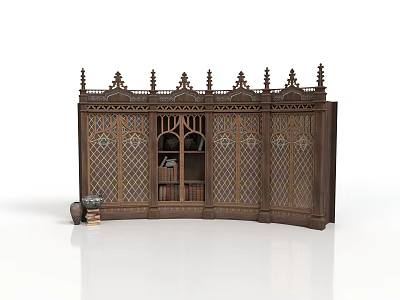 Antique Wooden Screen Furniture With Carved Spires Lattice Windows And Decorative Books 3d model