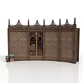 Antique Wooden Screen Furniture With Carved Spires Lattice Windows And Decorative Books