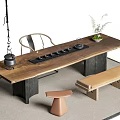 Natural Wooden Tea Table and Chairs with Bench Stool Tea Set and Plant 3d model