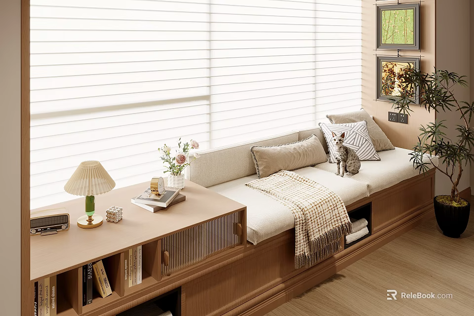 Cozy Wooden Bay Window With Upholstered Cushion Throw Pillows Bench Table Lamp Books And Blinds 3d model 
