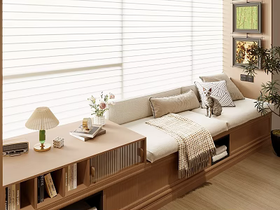Cozy Wooden Bay Window With Upholstered Cushion Throw Pillows Bench Table Lamp Books And Blinds 3d model