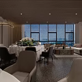 Modern Elegant Restaurant Interior With Dining Tables Chairs Large Windows And Flower Arrangements
