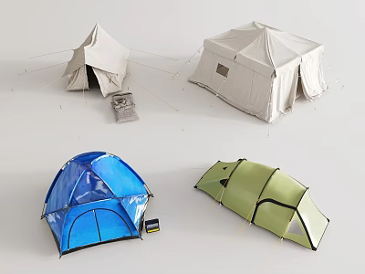 Assorted Camping Tents in Blue Green and Beige Colors with Dome Cabin Styles and Accessories 3d model