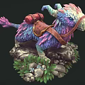 Vibrant Feathered Fantasy Creature With Red Backpack Standing On Rocky Ground And Green Plants