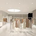 Fashion Retail Store with Modern Decor Hangers and Clothing Displays Bright Lighting and White Flooring