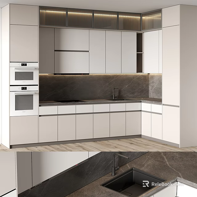 Modern Kitchen Interior With White Cabinets Dark Countertop And Built-in Appliances 3d model 
