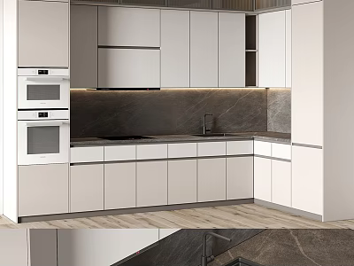Modern Kitchen Interior With White Cabinets Dark Countertop And Built-in Appliances 3d model