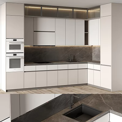 Modern Kitchen Interior With White Cabinets Dark Countertop And Built-in Appliances 3d model