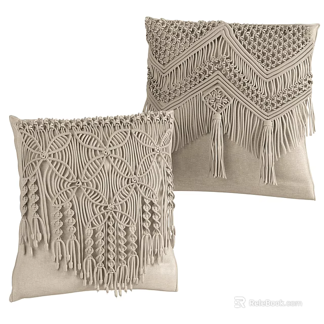 Beige Macramé Pillows With Intricate Knitted Patterns And Hanging Tassels 3d model 
