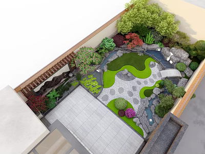 Garden Landscape Design Featuring Green Lawn Stone Pathway Decorative Stones And Lush Plants 3d model