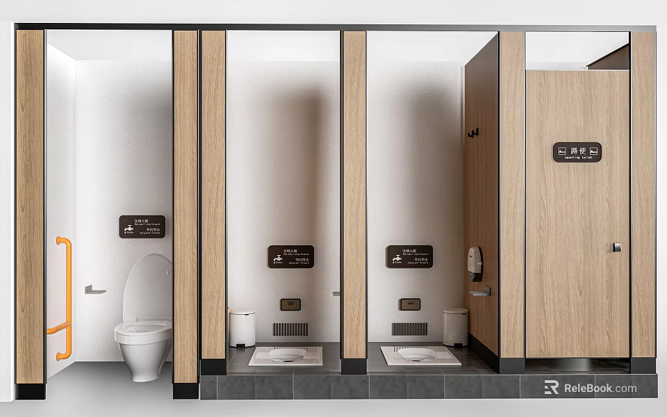 Modern Public Restroom Partition Cubicles With Wooden Panels Toilet And Sign 3d model 