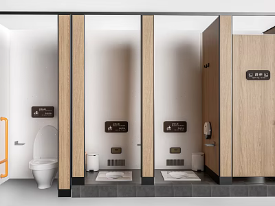 Modern Public Restroom Partition Cubicles With Wooden Panels Toilet And Sign 3d model