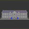 Ancient Architecture Featuring Purple Roof White Body Symmetric Blue Fountains Green Lawn and Circular Fence