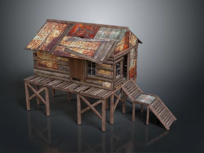 Rustic Wooden Cabin With Rusted Metal Roof On Wooden Stilts And Steps 3d model