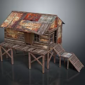Rustic Wooden Cabin With Rusted Metal Roof On Wooden Stilts And Steps