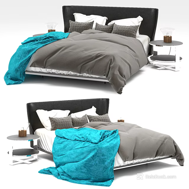 Modern Double Bed With Grey Bedding Blue Blanket And Bedside Table 3d model 