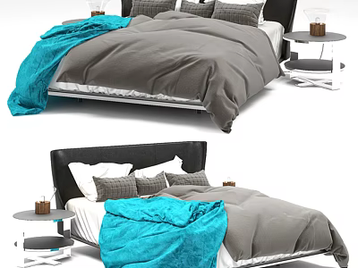 Modern Double Bed With Grey Bedding Blue Blanket And Bedside Table 3d model