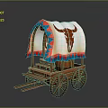 Vintage Covered Wagon Featuring Bull Skull Design Red Blue Trim Wooden Wheels And Steps