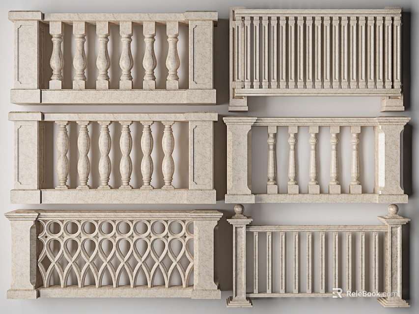 Elegant Classic Stone Railing Collection With Ornamental Balusters And Decorative Panels 3d model 