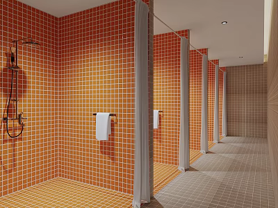 Shower Room Interior Featuring Orange Tiled Walls Multiple Cubicles And Towel Holders 3d model
