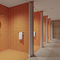 Shower Room Interior Featuring Orange Tiled Walls Multiple Cubicles And Towel Holders