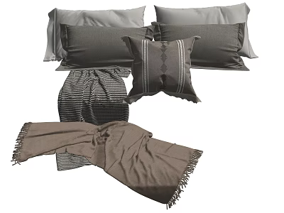 Stylish Decorative Pillows With Striped Design Matching Cushions And Fringe Blanket In Neutral Tones 3d model