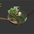 Cartoon Scene Bowl With Green Noodles Succulent And Chopsticks