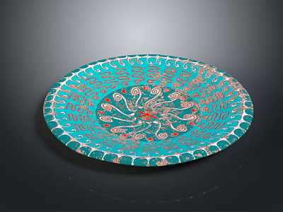 Turquoise Hand Carved Plate With Intricate Swirls Floral Patterns And Central Red Accent 3d model