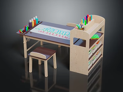 Kids Study Desk Furniture With Chair Colorful Markers Drawing Board And Storage Shelves 3d model