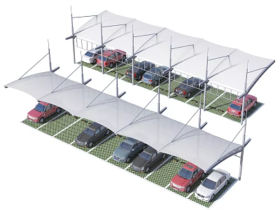Tensile Membrane Parking Canopy Structure with Covered Area and Multiple Parked Cars 3d model