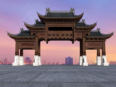 Traditional Chinese Archway With Multi Tiered Roof Carved Patterns Against Twilight Urban Skyline Open Square 3d model
