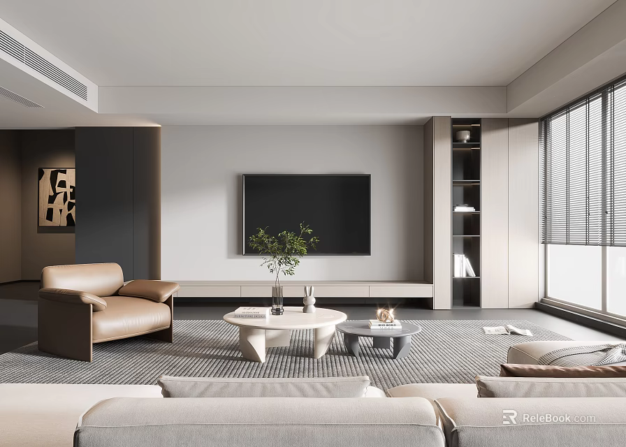 Modern Living Room With Light Beige Sofa Brown Armchair Green Plant And Large Window Blinds 3d model 