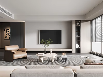 Modern Living Room With Light Beige Sofa Brown Armchair Green Plant And Large Window Blinds 3d model