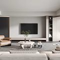 Modern Living Room With Light Beige Sofa Brown Armchair Green Plant And Large Window Blinds