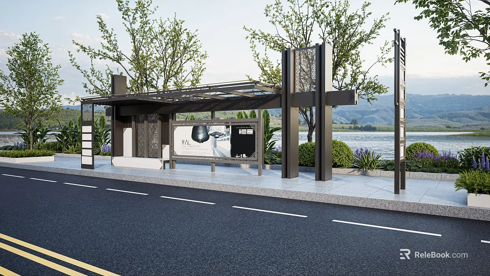 Modern Bus Stop Shelter With Trees Greenery Billboard And Scenic View 3d model 