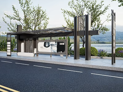 Modern Bus Stop Shelter With Trees Greenery Billboard And Scenic View 3d model