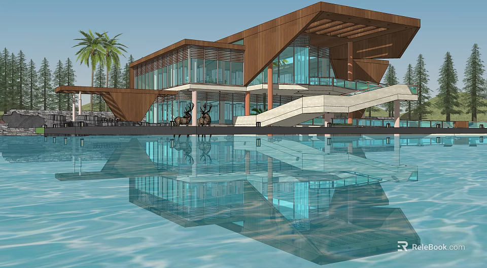 Modern Cultural Center Building With Wooden Roof Glass Curtain Walls And Water Reflections 3d model 