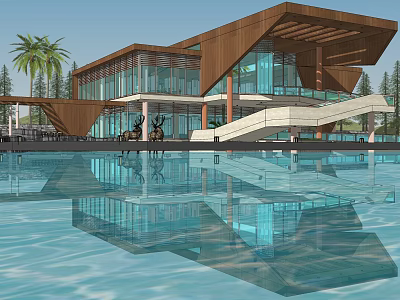 Modern Cultural Center Building With Wooden Roof Glass Curtain Walls And Water Reflections 3d model